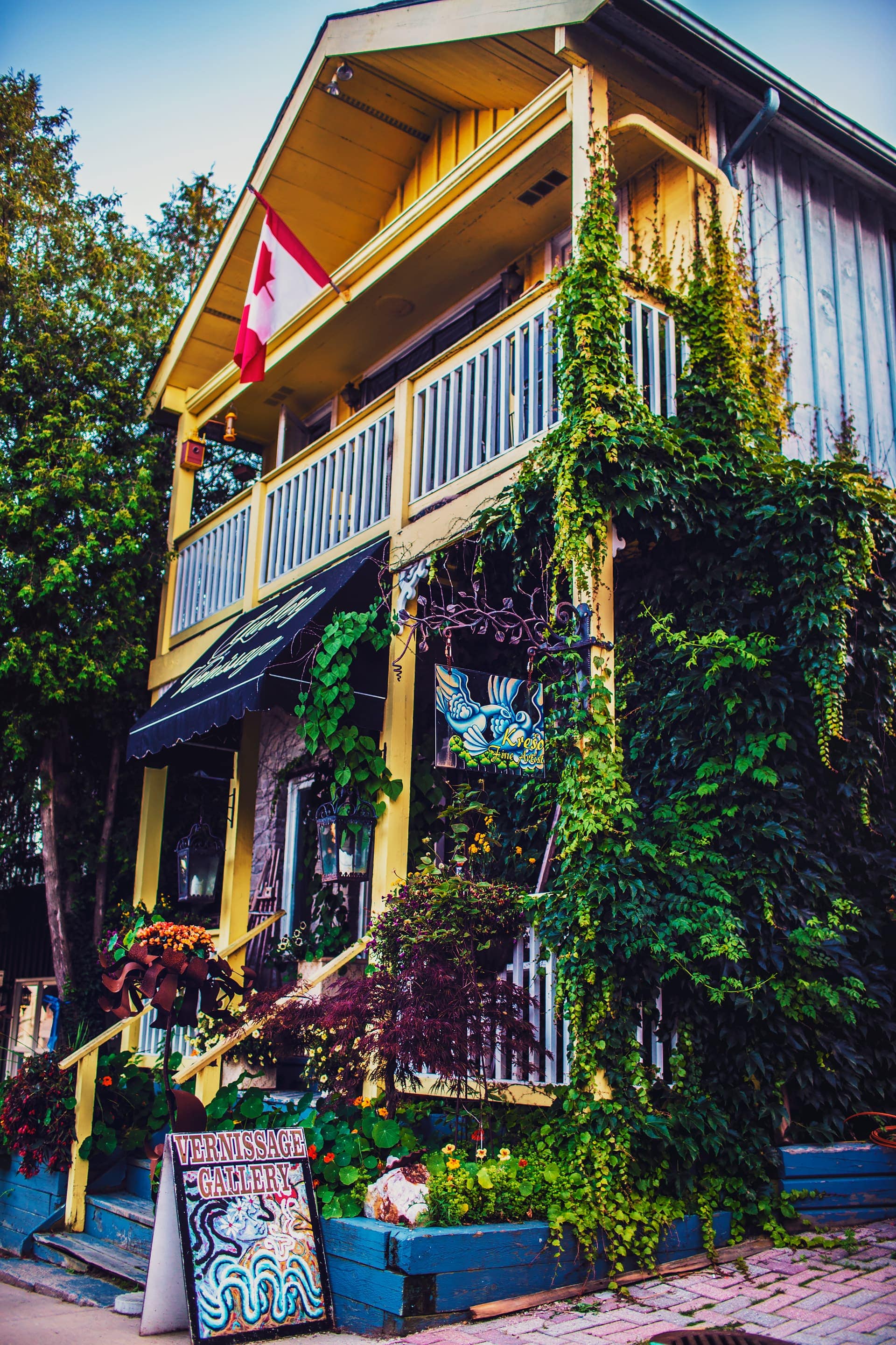 Colourful architecture and garden at Elora Ontario