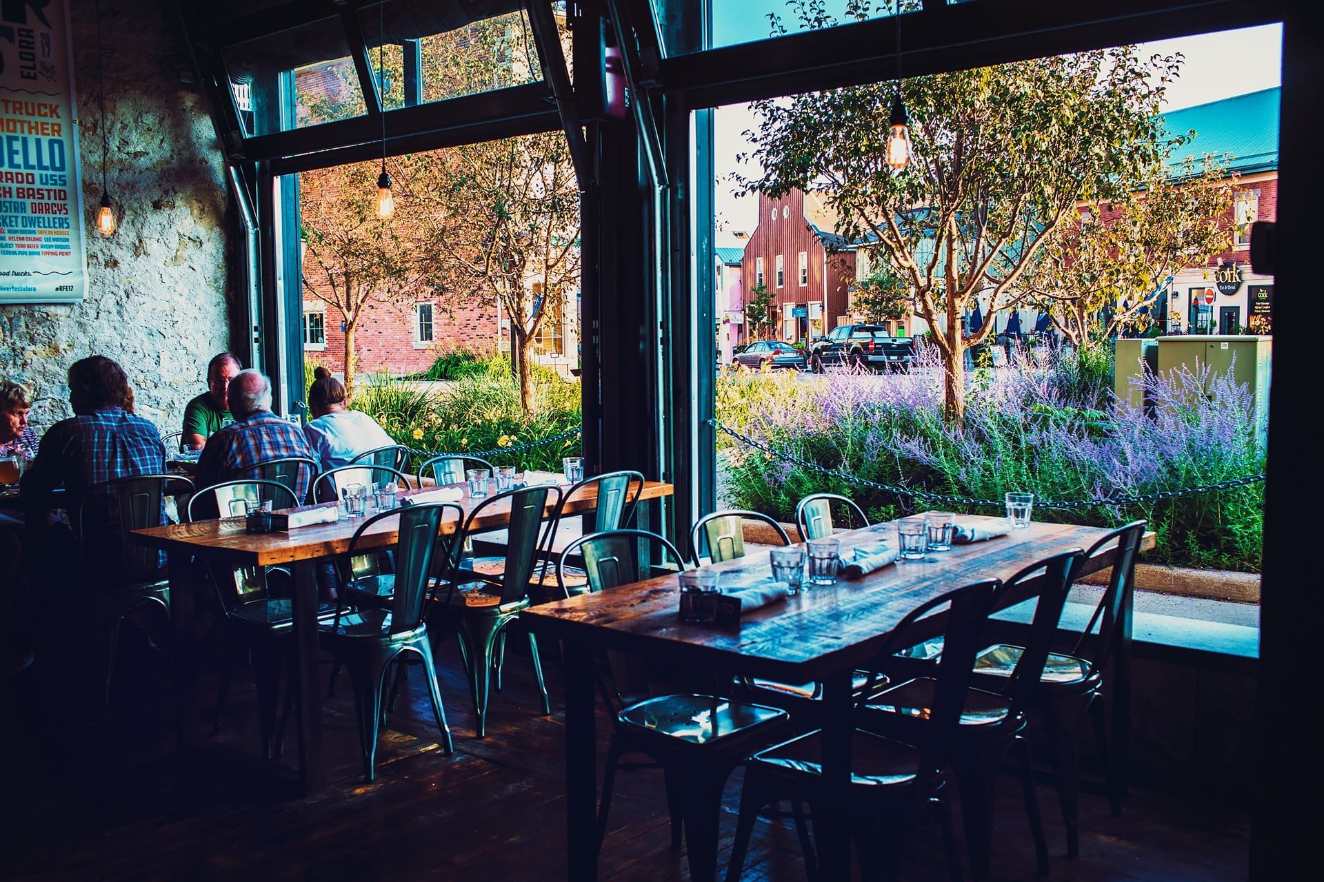 Large windows to enjoy the downtown view at Elora Brewing Company